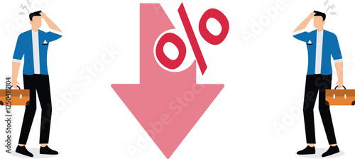 Decline, recession or decrease, financial crisis, devaluation or investment loss, percentage sign with falling arrows