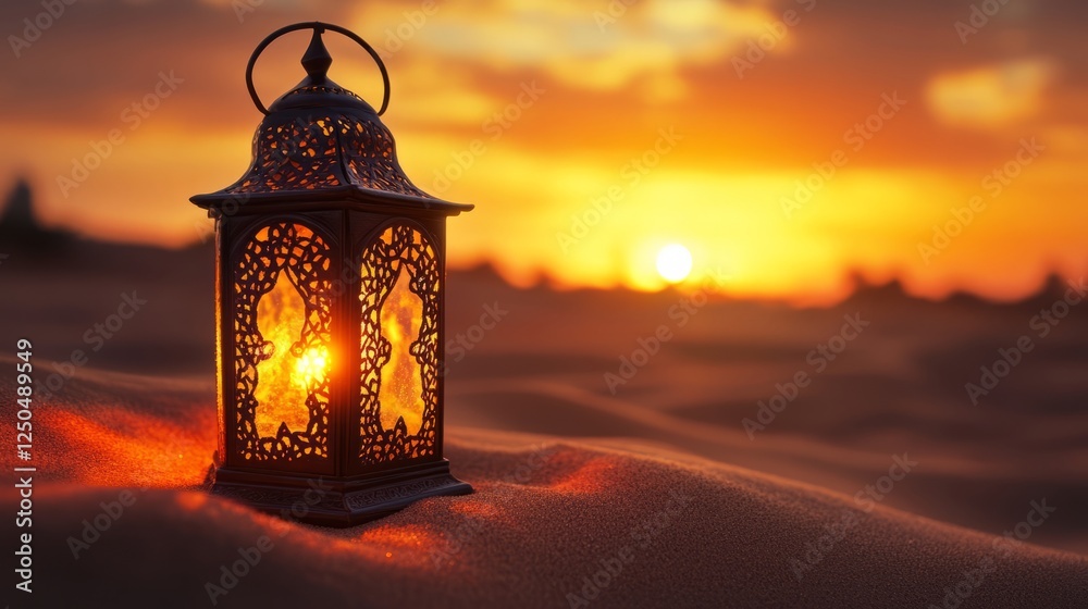 Glowing oriental lamp on desert sand at ramadan night with a stunning sunset background, creating a tranquil landscape for islamic holiday celebration invitations and festive greetings with elegant co Glowing oriental lamp on desert sand at ramadan night with a stunning sunset background, creating a tranquil landscape for islamic holiday celebration invitations and festive greetings with elegant co