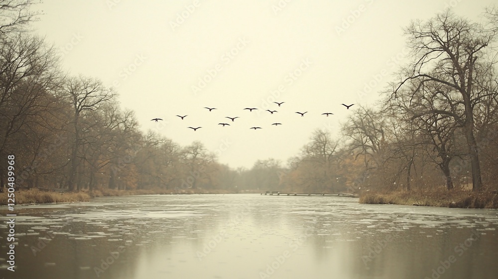 Geese fly over frozen park lake