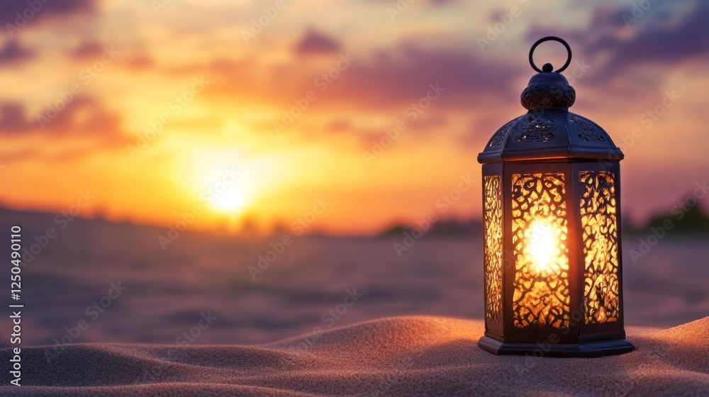 Glowing oriental lamp on desert sand at ramadan night with a stunning sunset background, creating a tranquil landscape for islamic holiday celebration invitations and festive greetings with elegant co Glowing oriental lamp on desert sand at ramadan night with a stunning sunset background, creating a tranquil landscape for islamic holiday celebration invitations and festive greetings with elegant co