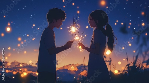 Sparkler Serenade: A tender moment shared by two young lovers, silhouetted against a breathtaking twilight sky filled with sparkling fireflies.