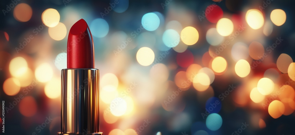 Red lipstick on golden tube with blurred colorful bokeh background, copy space for text Red lipstick on golden tube with blurred colorful bokeh background, copy space for text
