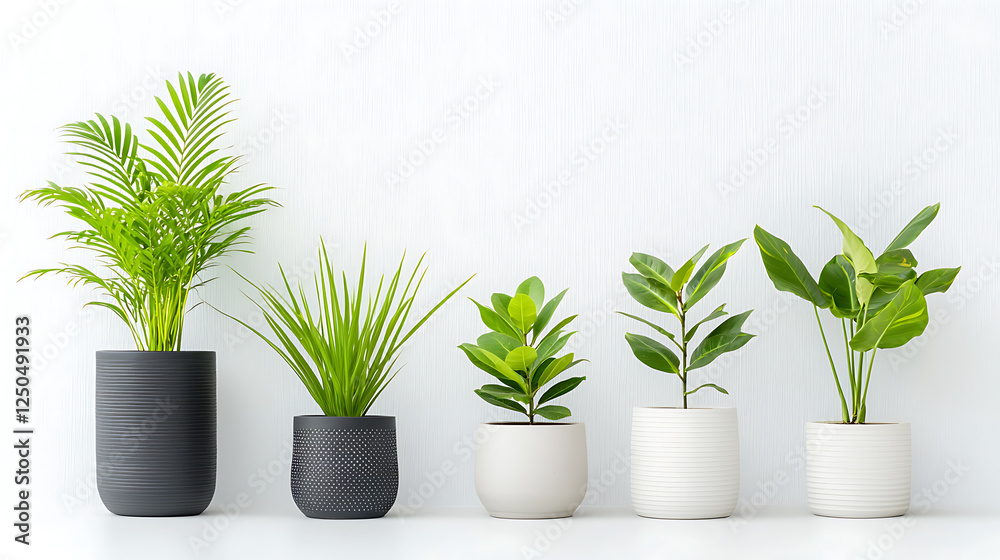 Fototapeta premium Indoor plant arrangement display modern living room photography minimalist design eye-level greenery aesthetics for home decor