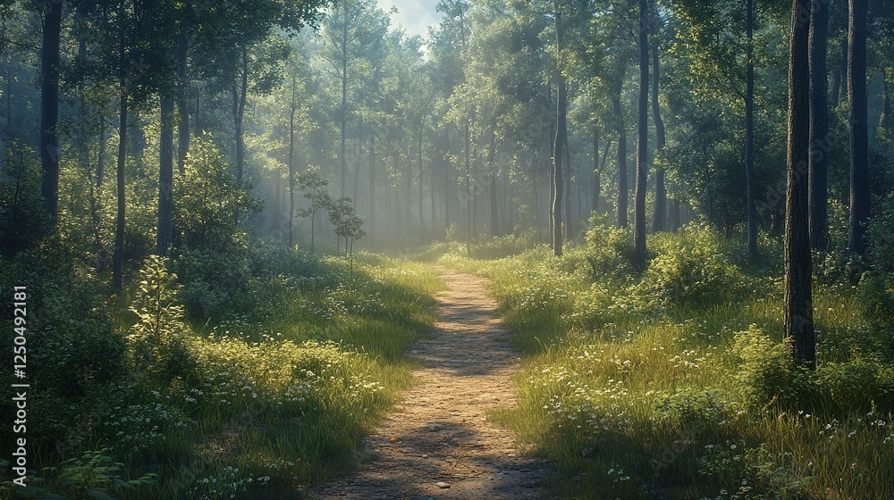 Obraz premium Enchanting forest path illuminated by soft rays of sunlight filtering through the trees