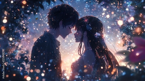 Enchanted Couple: Anime-style illustration of a romantic couple embracing under a magical, starry night sky, surrounded by sparkling lights and enchanting foliage.