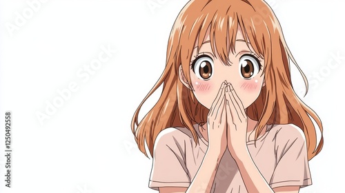 Surprised Anime Girl: A charming anime-style girl with long, light orange hair is depicted with hands covering her mouth in a surprised or shy expression, blushing slightly.