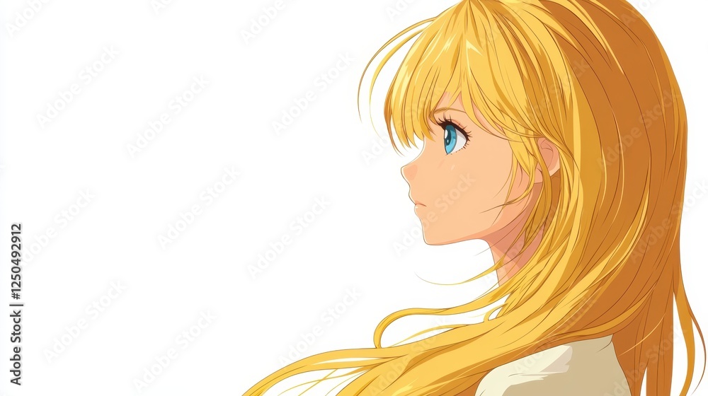 Golden-Haired Girl: Profile view of a young woman with long, flowing blonde hair and bright blue eyes, gazing thoughtfully into the distance. A serene and elegant illustration. Golden-Haired Girl: Profile view of a young woman with long, flowing blonde hair and bright blue eyes, gazing thoughtfully into the distance. A serene and elegant illustration.