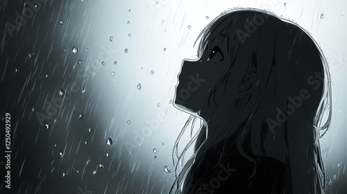 Rain-soaked Melancholy: A silhouetted anime girl gazes up at the downpour, her expression a poignant blend of sadness and quiet contemplation.  The soft.