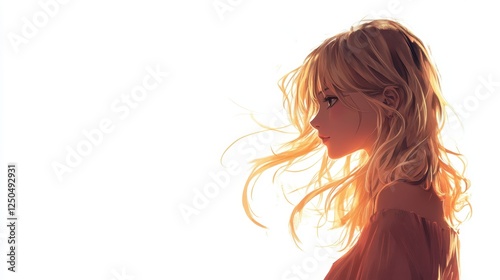 Golden Blonde Anime Girl:  A dreamy anime-style portrait of a young woman with long golden blonde hair flowing in the breeze.