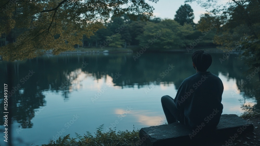 Contemplative Figure Gazing at Serene Lake Amidst Nature's Embrace Contemplative Figure Gazing at Serene Lake Amidst Nature's Embrace