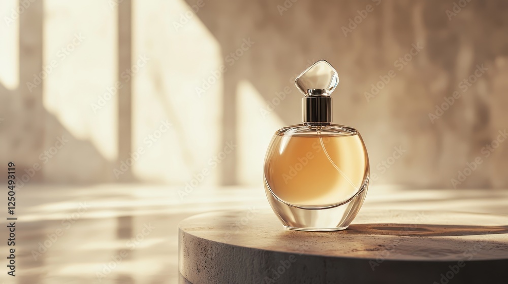 Sleek Perfume Bottle Displayed on Simple Pedestal Sleek Perfume Bottle Displayed on Simple Pedestal