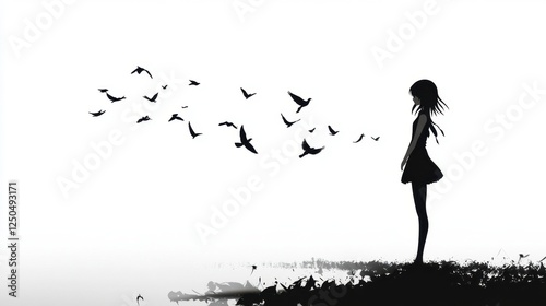 Solitude and Flight: A minimalist illustration of a lone girl silhouetted against a vast, empty sky, watching a flock of birds fly away, evoking feelings of melancholy and longing.