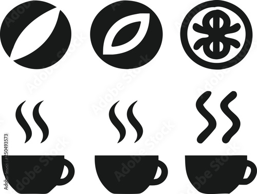 Simple Coffee Icons Set Showing Steaming Cups and Beans