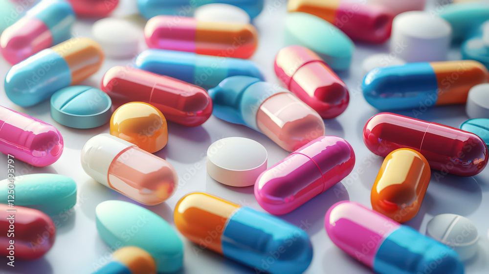 Colorful pills and capsules scattered on a white surface. Many different shapes and vibrant colors. Pharmaceutical medication. Close-up view. Medicine concept. Health care. Treatment. Colorful pills and capsules scattered on a white surface. Many different shapes and vibrant colors. Pharmaceutical medication. Close-up view. Medicine concept. Health care. Treatment.