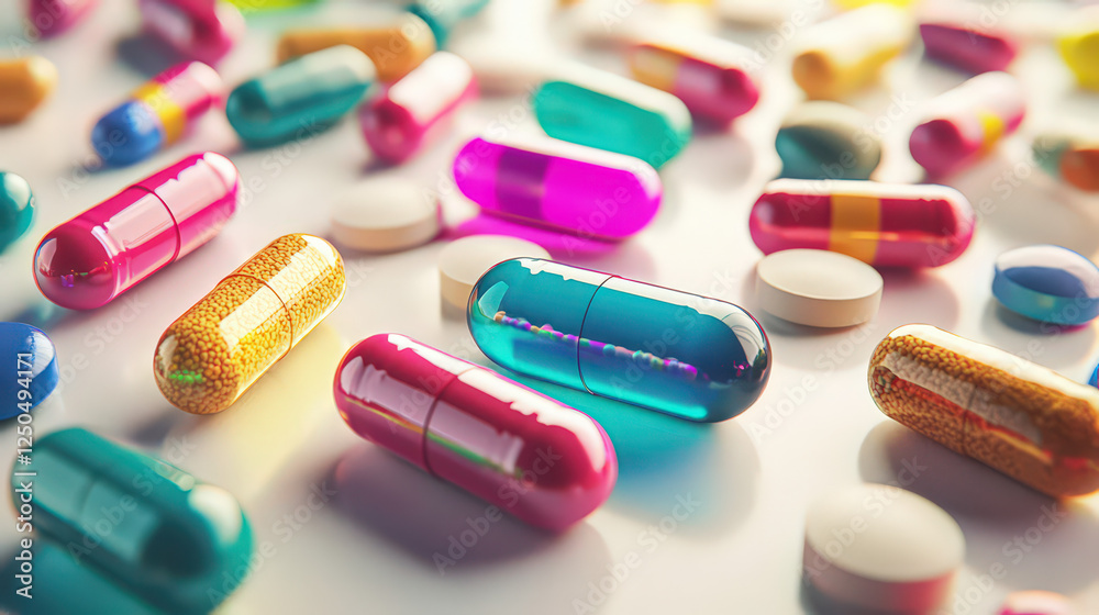 Colorful pills and capsules scattered on a white surface. Close-up view of various vibrant medicinal capsules and tablets. Colorful pills and capsules scattered on a white surface. Close-up view of various vibrant medicinal capsules and tablets.