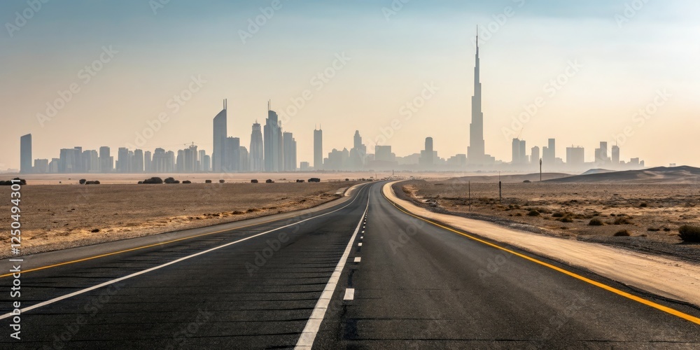 Empty stretch of asphalt road with skyscrapers looming in the distance and cars disappearing into the horizon, car in the distance, modern cityscape Empty stretch of asphalt road with skyscrapers looming in the distance and cars disappearing into the horizon, car in the distance, modern cityscape