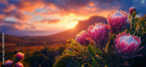 Stunning sunset over blooming protea flowers in vibrant landscape, copy space for text photo