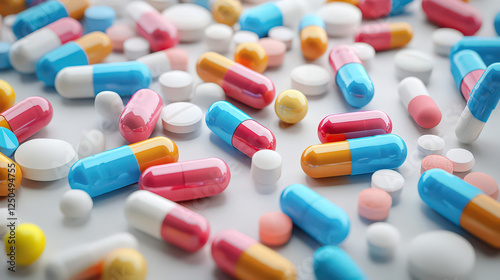 Assorted colorful pills and capsules scattered on a white surface.