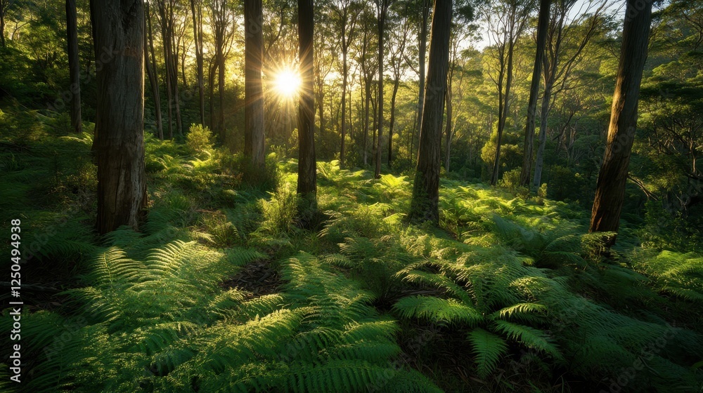 Obraz premium Sunbeams Through the Ferns: Sunlight streams through a dense forest canopy, illuminating the lush greenery of ferns that blanket the forest floor, creating a tranquil and ethereal scene. 