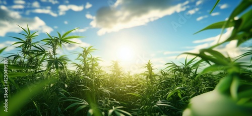 Wallpaper Mural Vibrant cannabis field under bright sky with sun rays illuminating plants, copy space for text Torontodigital.ca