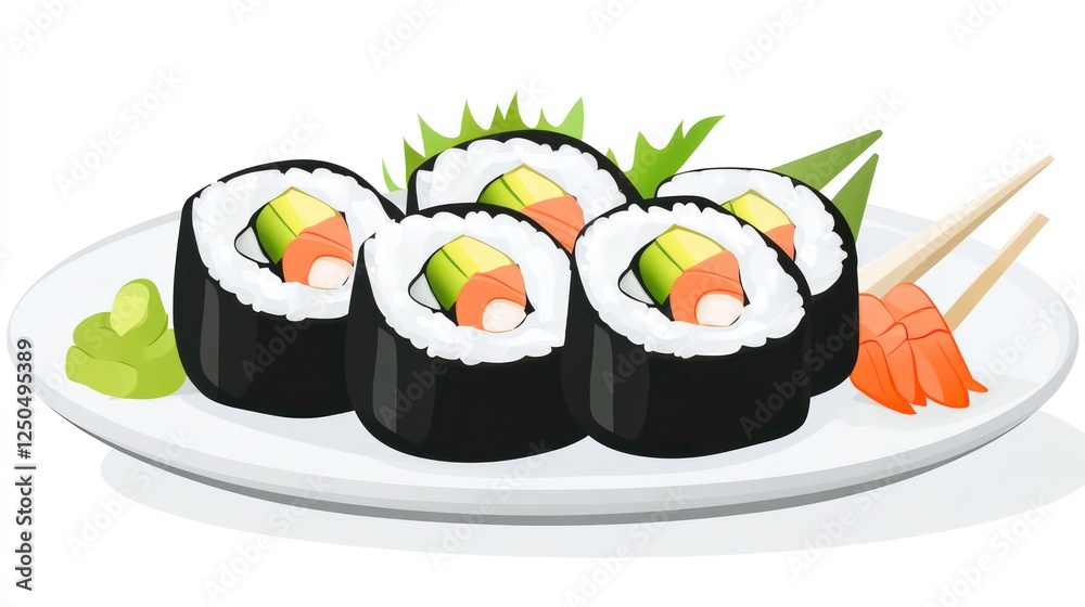 Colorful Sushi Rolls with Avocado and Shrimp on a Plate Colorful Sushi Rolls with Avocado and Shrimp on a Plate