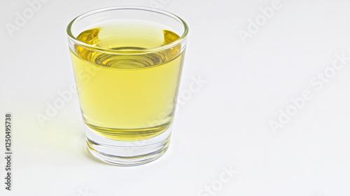 Close-up of a glass of water with a faint greenish tint, symbolizing arsenic contamination, on a plain white background with copy space. Environmental pollution and toxic substance danger concept.