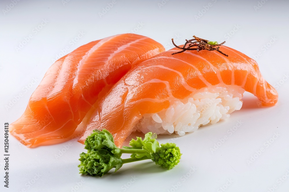 A piece of sushi with a green herb on top A piece of sushi with a green herb on top