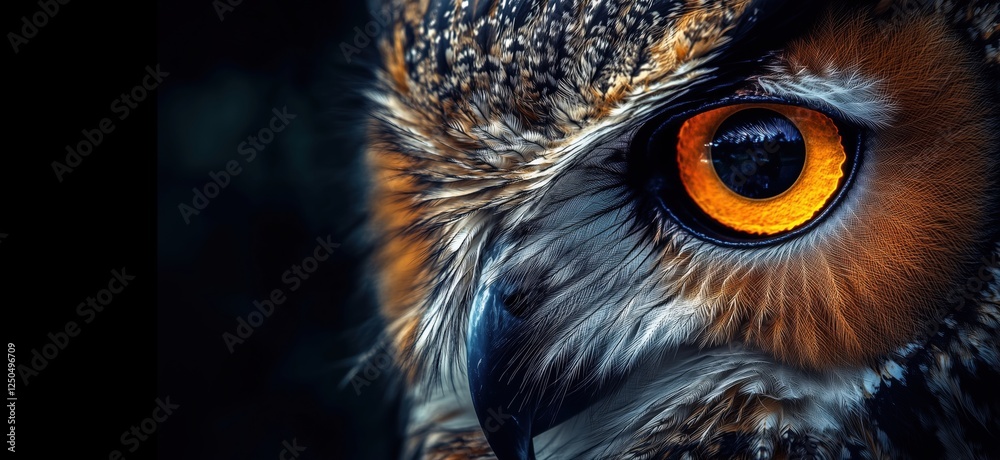 Close-up of owl eye showcasing vibrant orange color and intricate feather details, copy space for text Close-up of owl eye showcasing vibrant orange color and intricate feather details, copy space for text