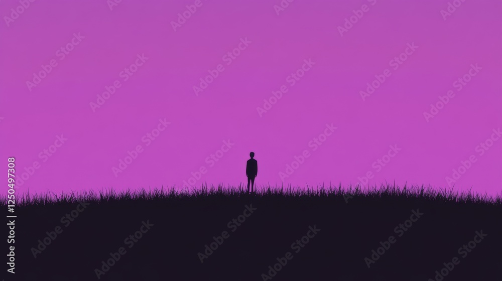Silhouette of a solitary figure standing on a hill against a vibrant purple sunset sky Silhouette of a solitary figure standing on a hill against a vibrant purple sunset sky