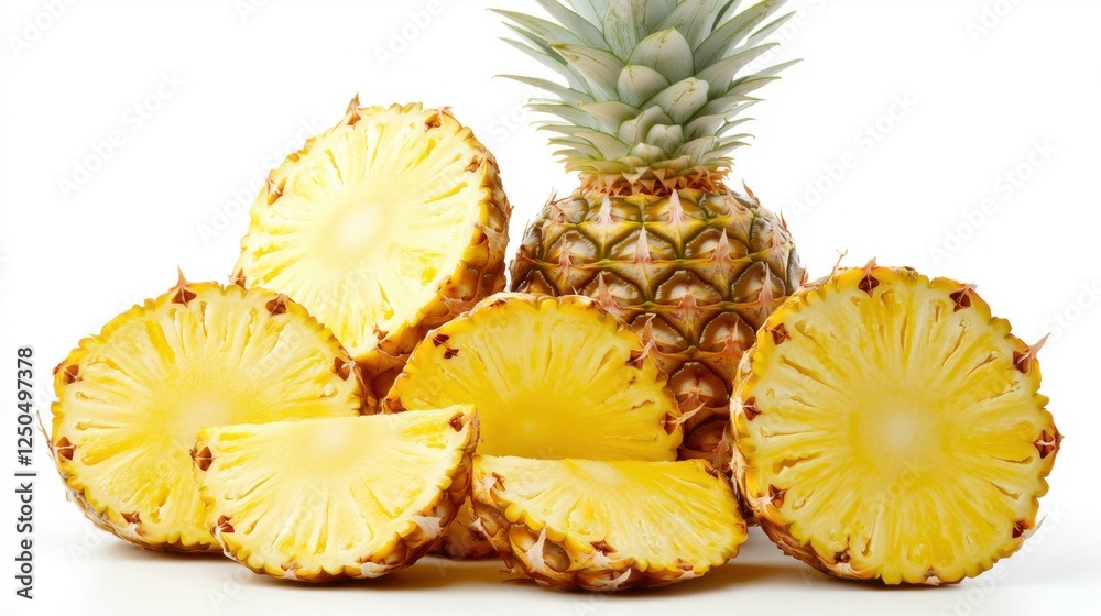Fresh Pineapple Slices with Whole Fruit on White Background
