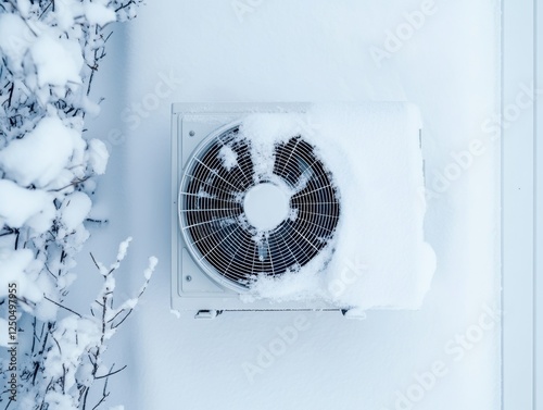 Snowy AC unit, winter exterior, snow-covered bush