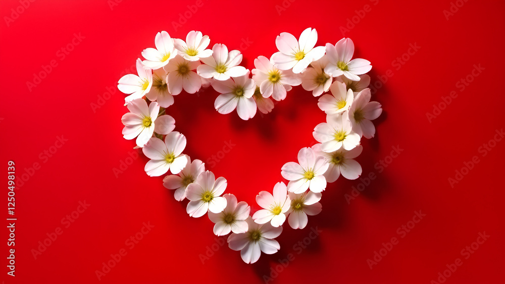 A beautifully crafted heart shape composed of delicate white flowers set against a vibrant, rich red backdrop