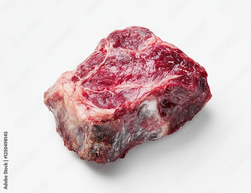 Obraz premium Frozen Beef Steak: A Close-Up View of Red Meat Texture, Ideal for Grilling or Pan-Searing, Delicious and Nutritious, Cooked Perfectly
