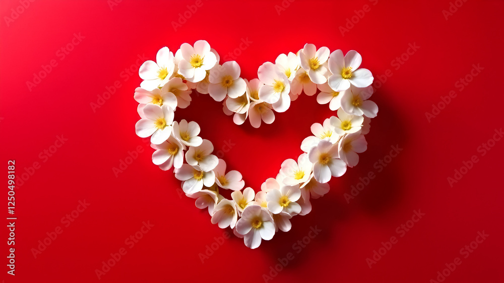 A beautifully crafted heart shape composed of delicate white flowers set against a vibrant, rich red backdrop