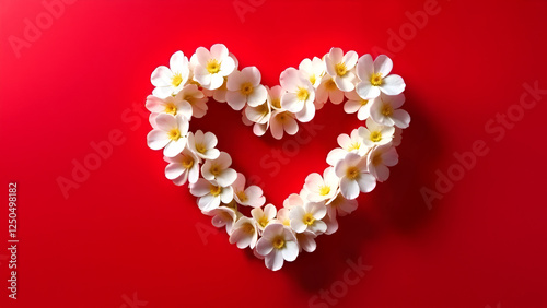 A beautifully crafted heart shape composed of delicate white flowers set against a vibrant, rich red backdrop