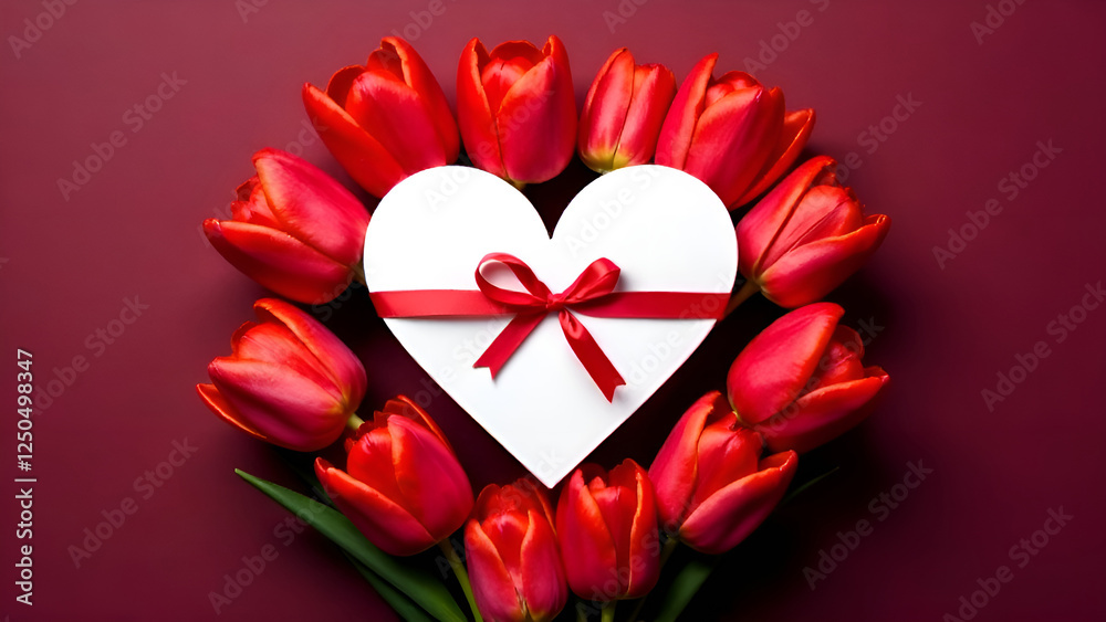 Beautiful Romantic Red Tulips arranged in a Heart Shape symbolize Love and Affection deeply. A stunning arrangement of vibrant red tulips alongside a blank heart card