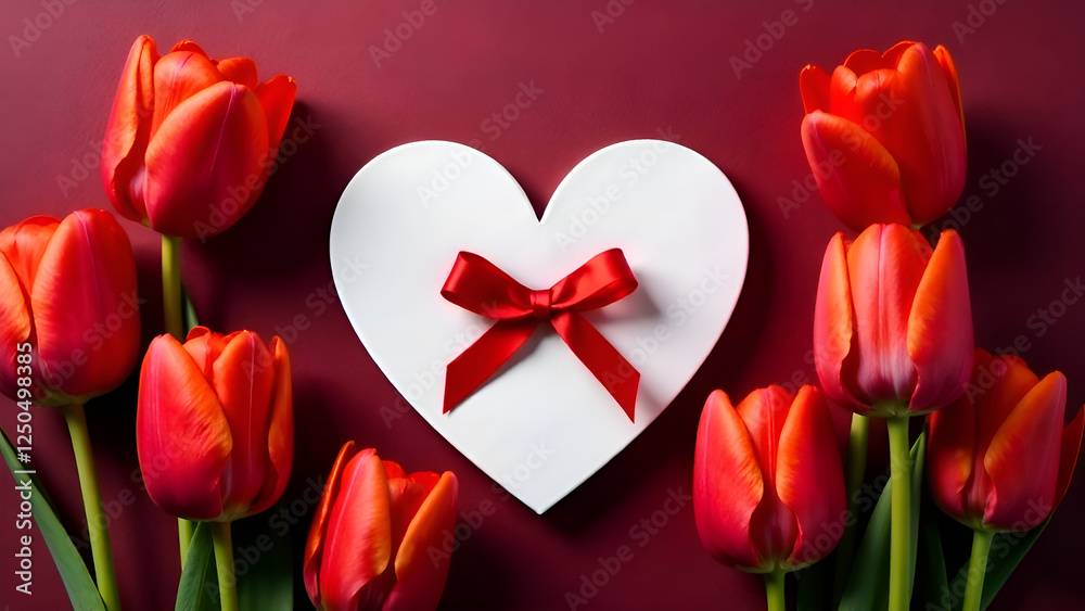 Beautiful Romantic Red Tulips arranged in a Heart Shape symbolize Love and Affection deeply. A stunning arrangement of vibrant red tulips alongside a blank heart card