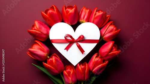 Obraz na płótnie Beautiful Romantic Red Tulips arranged in a Heart Shape symbolize Love and Affection deeply. A stunning arrangement of vibrant red tulips alongside a blank heart card w salonie