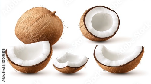 Realistic Coconut Whole and Sliced Pieces on White Background