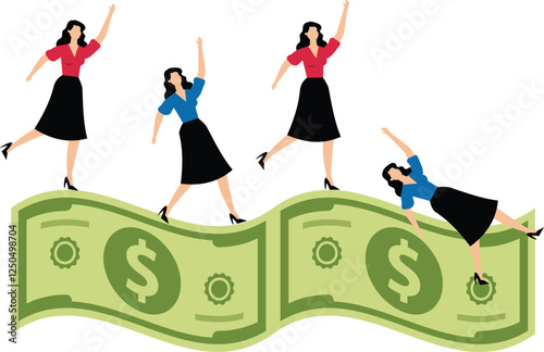 The risk of investment, the careful efforts of businesswomen to keep their balance walking on the banknotes