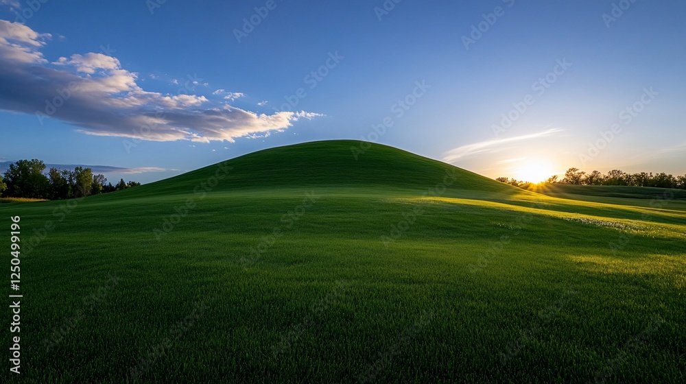 Fototapeta premium Rolling green hills meet the horizon under a vibrant sky at sunrise