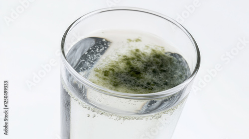 Close-up of a glass of water with a faint greenish tint, symbolizing arsenic contamination, on a plain white background with copy space. Environmental pollution and toxic substance danger concept.