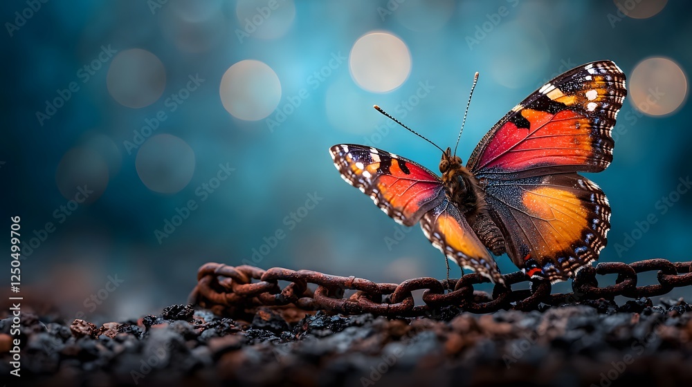 Obraz premium Close up Vibrant and Colorful Butterfly with Delicate Wings Perched on a Natural Textured Surface in a Dreamy Atmospheric Nature Scene with Blurred Bokeh Background