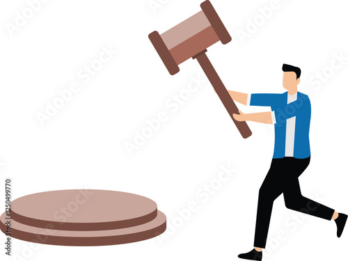 Making a decision or determination, bidding or auction, legal ruling or legal instrument, businessman with gavel ready to strike