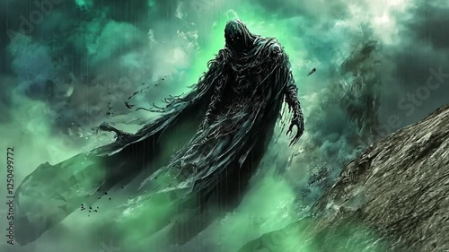 The spectral figure of the night, a dark entity enveloped in shadows above the stormy peaks