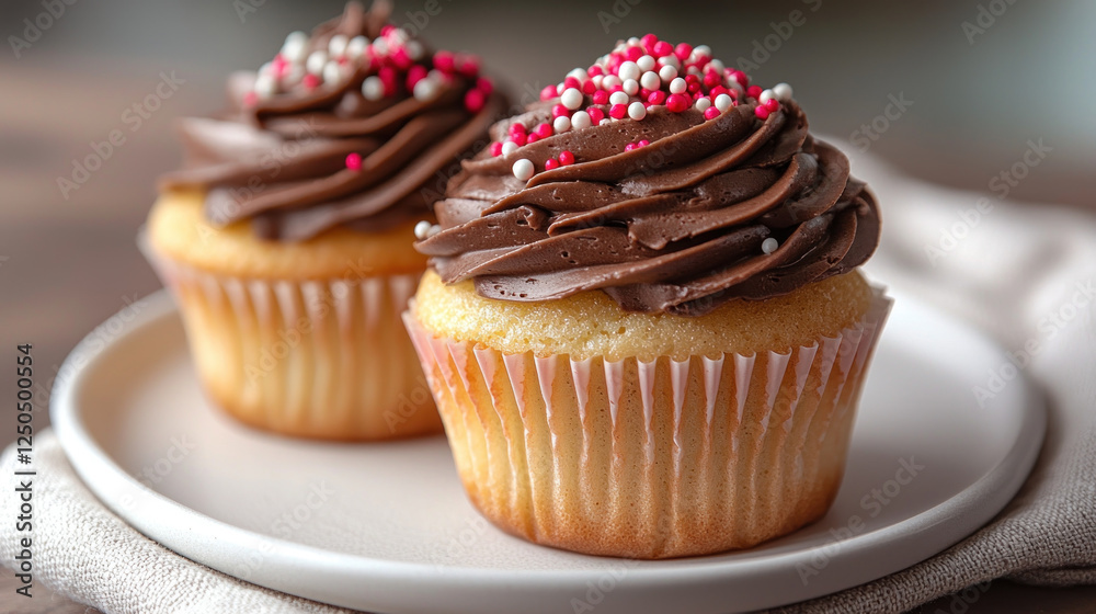 Two vanilla cupcakes with chocolate frosting and sprinkles on a plate Two vanilla cupcakes with chocolate frosting and sprinkles on a plate