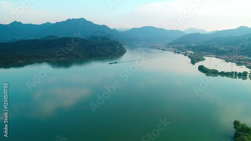 Breathtaking aerial view of Fuchun River in Jiande, Hangzhou, showcasing serene waters and stunning landscapes photo