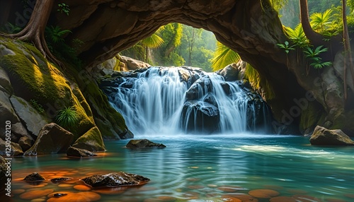 Ai generative painting of a waterfall flowing through a natural stone arch 