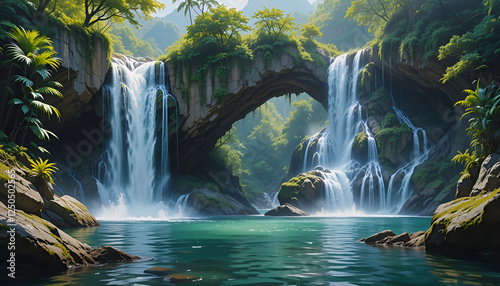 Ai generative painting of a waterfall flowing through a natural stone arch 