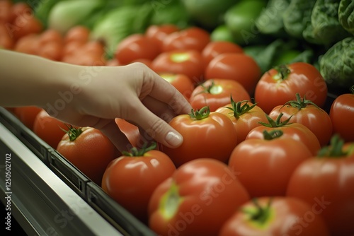 Farm Fresh: Close-Up of Hand Choosing Quality Tomatoes in a Supermarket